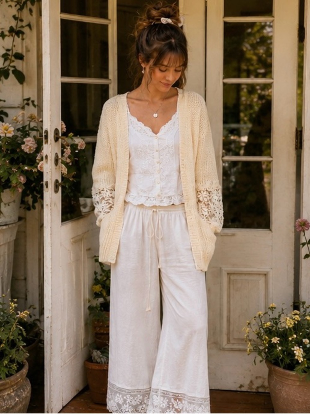 Chunky Knit Crochet Floral Long Sleeves Oversized Cream Cottagecore Cardigan - Picture 5 of 12